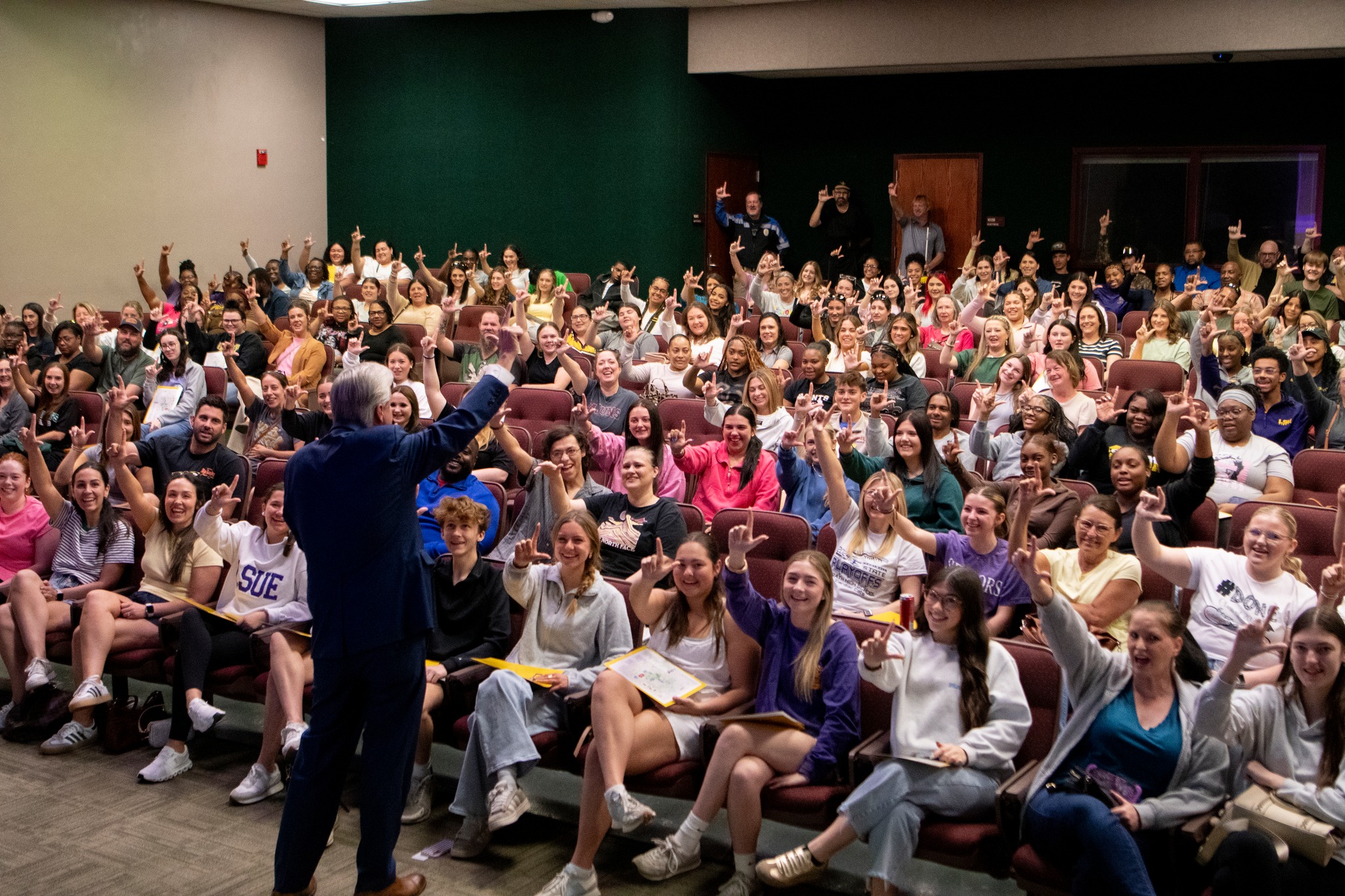 Students sitting in auditorium for LSUE Bengal Day