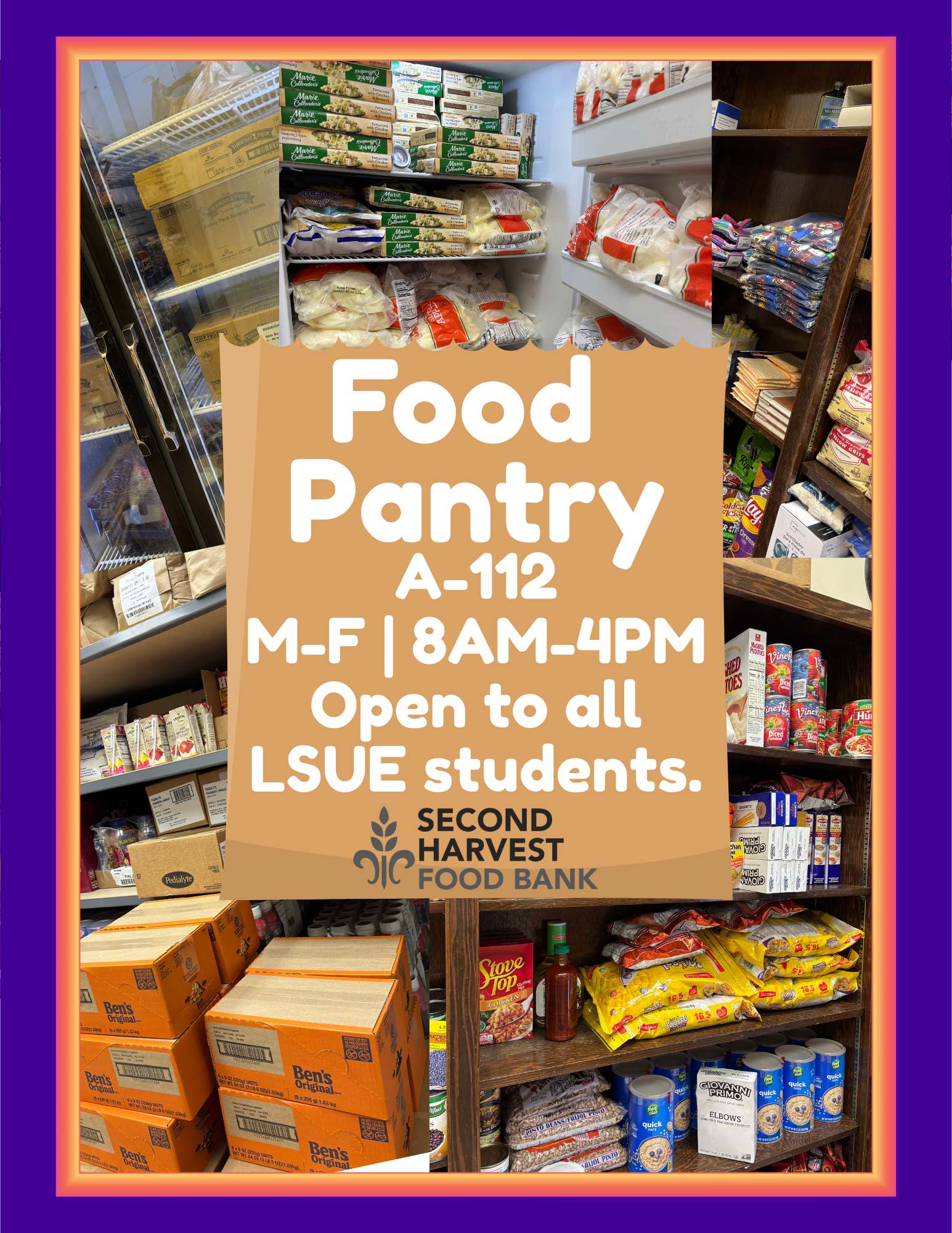 Image of food pantry in the Acadian Center, room 112. The flyer reads that the pantry is open Monday through Friday, 8:30 to 4. The pantry is open to all LSUE students.